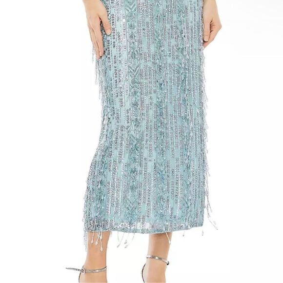 Mac Duggal 5980 Size 8 High Neck Crystal Fringe French Blue Beaded Column Dress - Picture 11 of 13